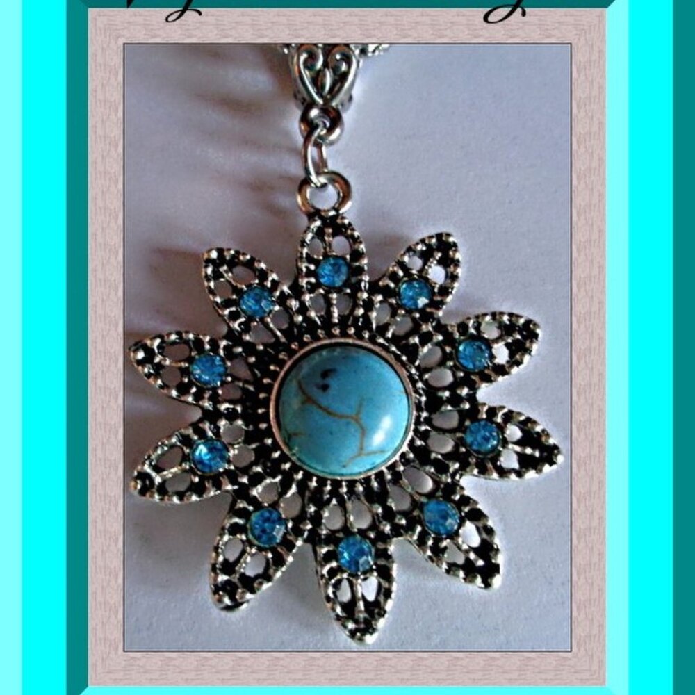 Tibetan Silver & Turquoise Feather Design Necklace With Blue Crystals Native